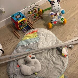 Skip Hop Gray and Yellow Baby Play Mat with Plush Headrest and Hanging Toys